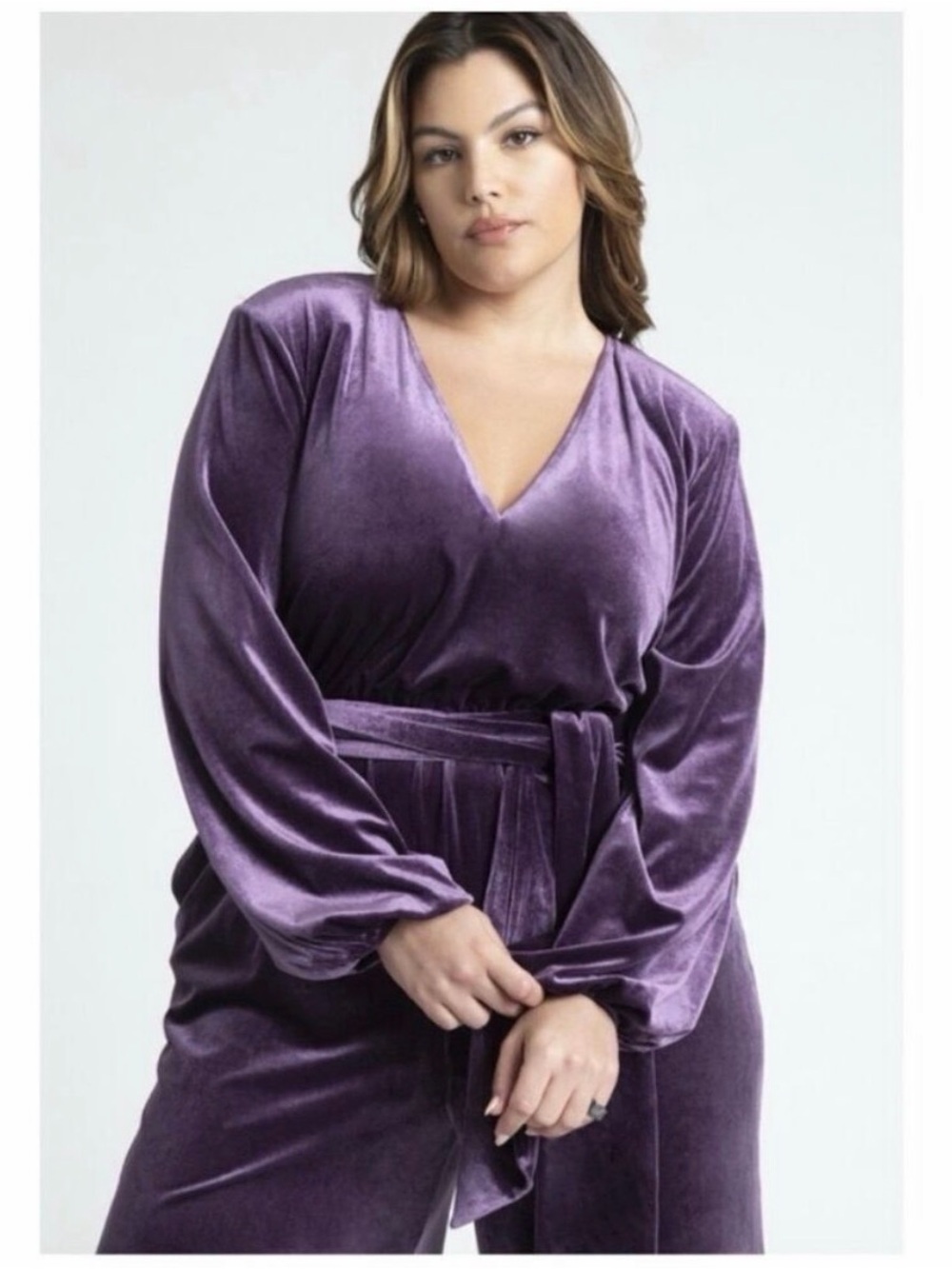 Eloquii Purple Velvet V-Neck Tie Waist Wide Leg Jumpsuit Size 18 - Picture 3 of 4